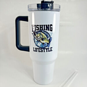 Fishing Lifestyle Tumbler 30oz Insulated Cup White Handle Travel